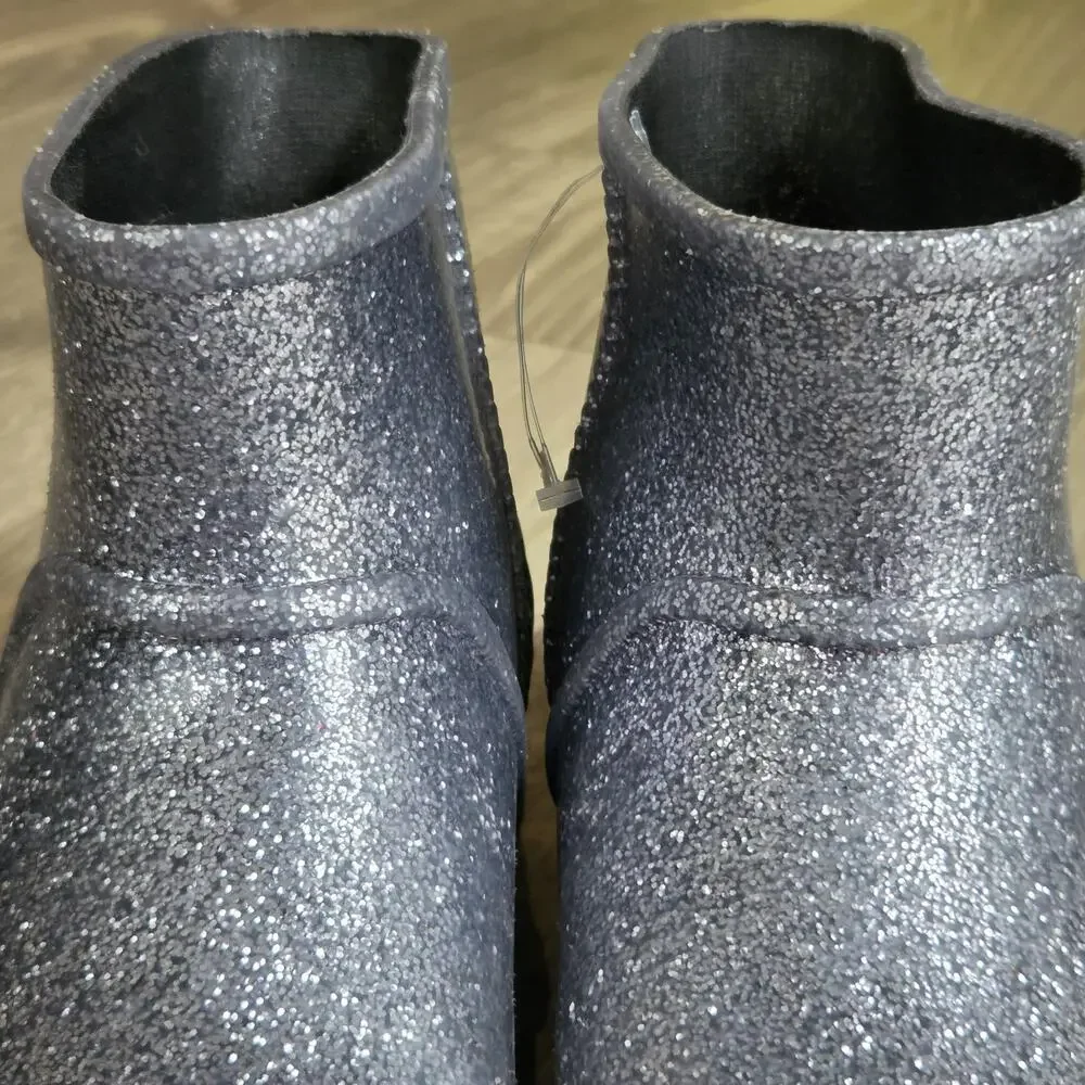 US 5 Ugg Silver Glitter Rain Booties Womens